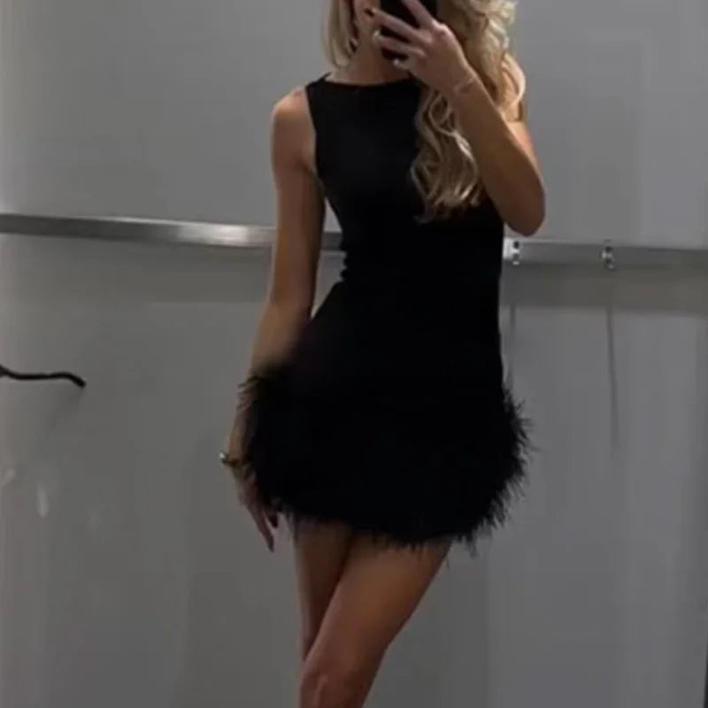 TRAF Women's Dress Feathers Sleeveless Mini Dress Elegant Black Short Dresses Bodycon Party Dresses Woman Vest Christmas Dress