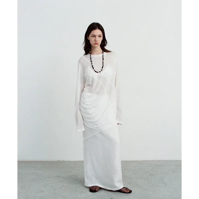 Elegant High-Waisted A- Line Skirt For Women Summer Commuting Long Dress Textile Song WhiteDrapedSideSlitLongDress