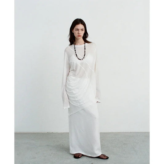 Elegant High-Waisted A- Line Skirt For Women Summer Commuting Long Dress Textile Song WhiteDrapedSideSlitLongDress