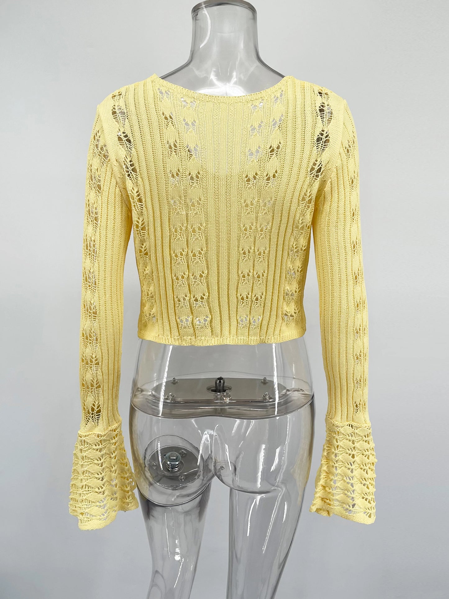 Trendix Summer Knit Long Sleeve Cardigan For Women V Neck Solid Bodycon Hollow Out Short Tops Party Club Slim Vacation Top Femme