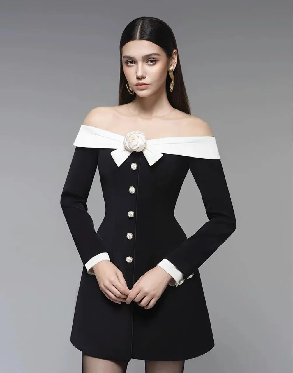 Preorder Hepburn Style Spliced Mini Black Dress French Noble One Shoulder Suit Dress A- Line Skirt Women Polyester Fiber Full Sl