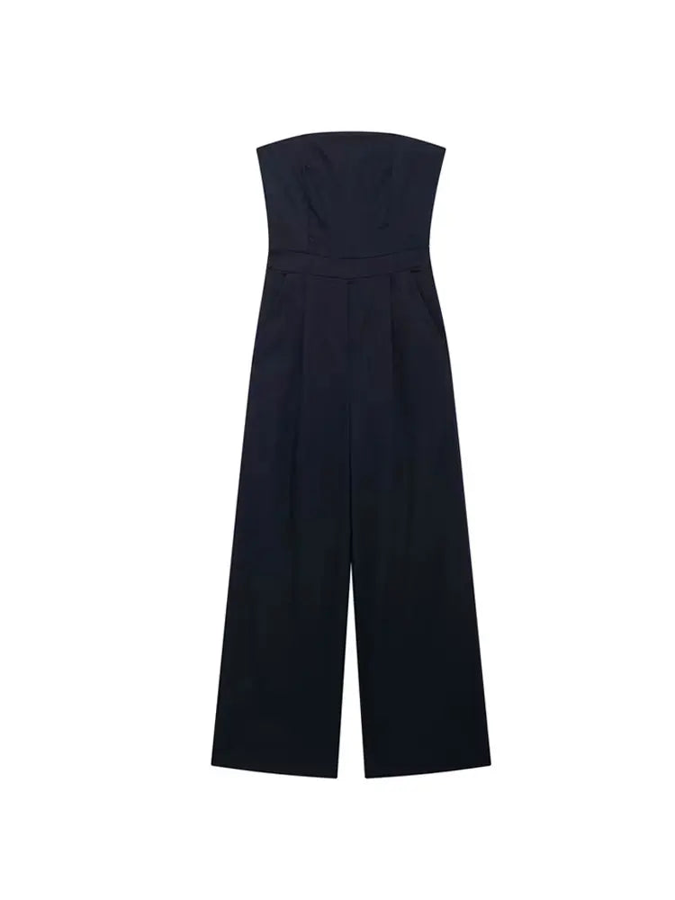 TRZA-Strapless Linen Jumpsuits for Women, Straight Neck, Back Zipper, Female Playsuits, Chic Fashion