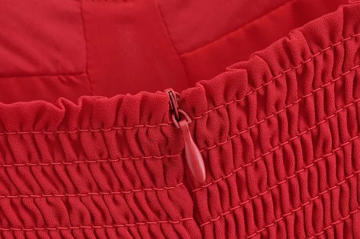 French Red Holiday Party Sling Summer Dress For Women Bow Shoulder A-line Slim Midi Chiffon Dresses