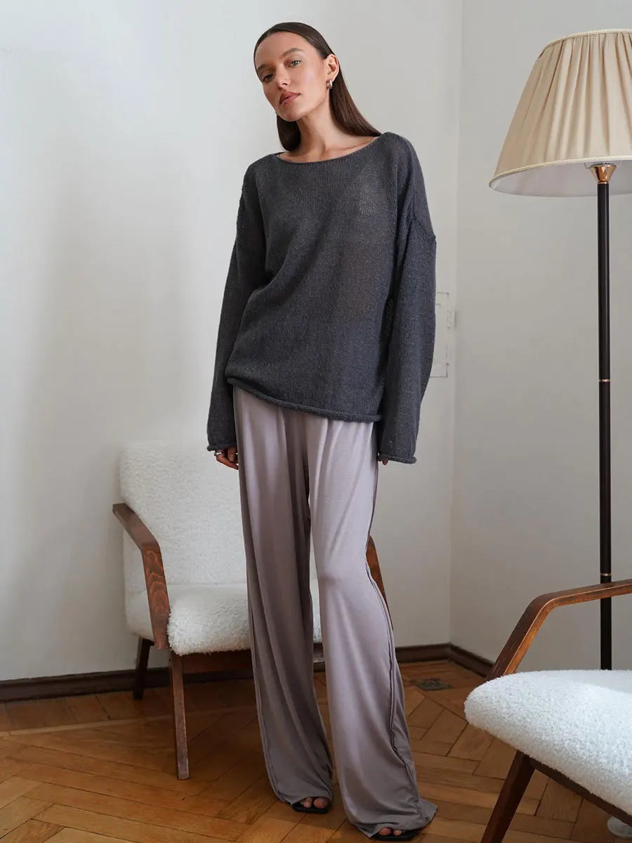 Original Fashion Hollow Out Knit Shirt Spring And Summer Women's Perspective Thin O-Neck Loose Elastic Long Sleeve Knit T-shirt