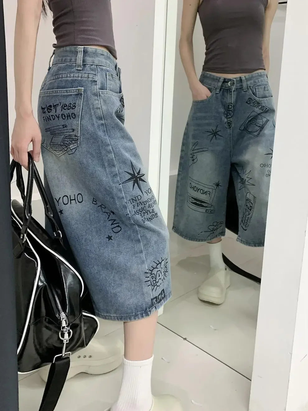 American Style Retro Street Women's Mid-Length Jeans Graffiti Design Loose Straight Cut Shorts Casual Fashionable Denim Shorts