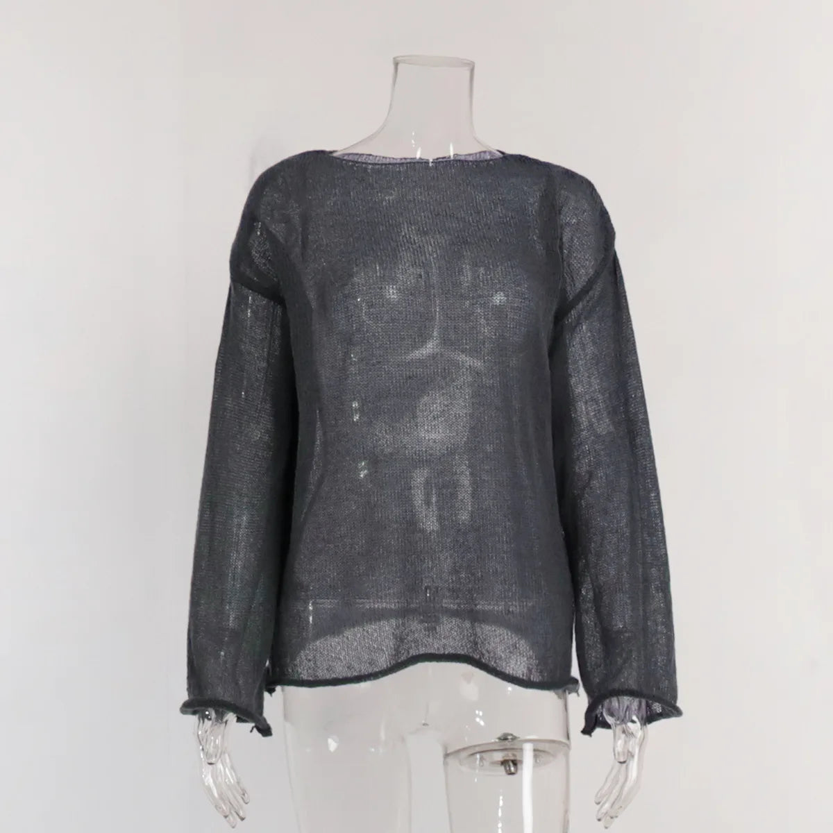 Original Fashion Hollow Out Knit Shirt Spring And Summer Women's Perspective Thin O-Neck Loose Elastic Long Sleeve Knit T-shirt