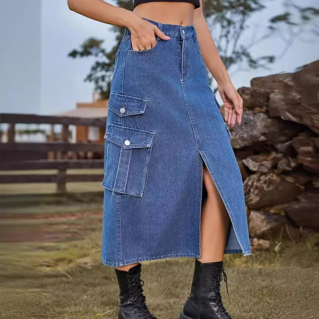 American Style Elastic Waist Denim Workwear Casual Long Dress Skirt New Arrival Women's Clothing European And American Crossbody