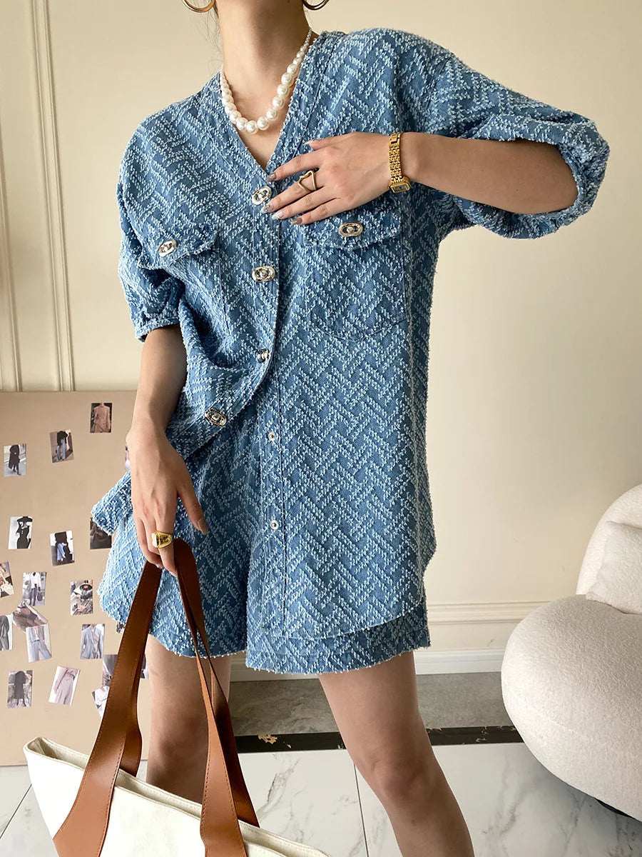 Women's Denim Short Sleeve Top and Shorts Two Piece Suit French Fashion Spring Summer Cowgirl Top Streetwear Korean Leisure New
