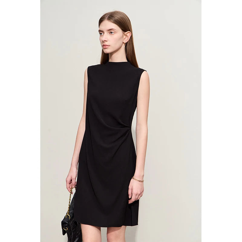 Amii Minimalism 2024 Summer New Sleeveless Small Black Dress Short Slim Half-high Neck Fashion Female Dresses for Women 12452052