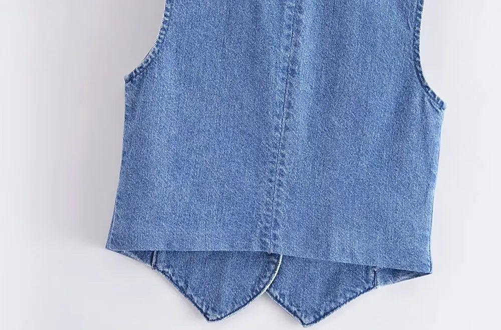 TRZA Women Fashion Front Button Denim Waistcoat Vintage V Neck Sleeveless Female Outerwear Chic Vest Tops