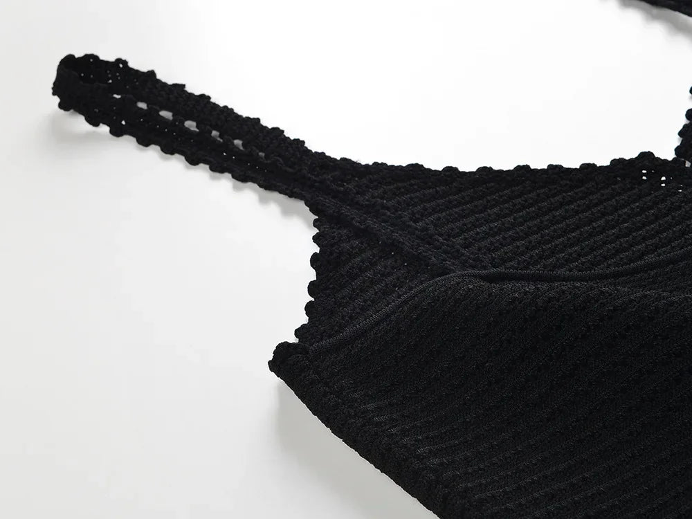 Black Spaghetti Strap Mermaid Dress Women's 2024 New Hollow Out Knitted Slim Mid-Calf Dresses