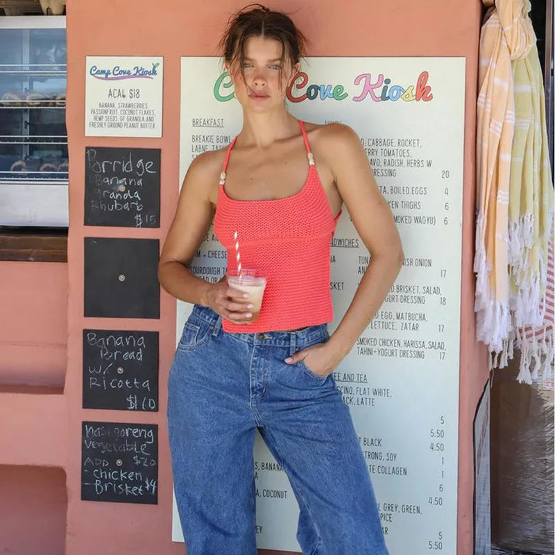 TARUXY Knitted Hollow Tanks Top Female Sexy Backless Lace Up Solid Sweater Vest Slim Halter Short Tops Casual 2025 Summer New