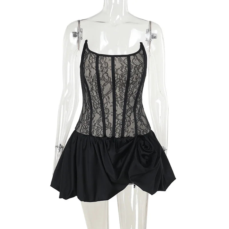 Talenza Black Lace Strapless Dress Women's Sexy Sleeveless Pleated A-Line High Waist Dress Backless Off Shoulder Y2k Party Dress