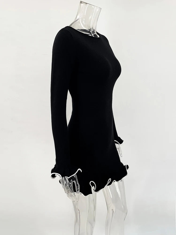 TARUXY Spring New Knitted Mini Dress For Women Fungus Contrast Color Slim Sweater Dress Elegant Female Party Clothes Long Sleeve