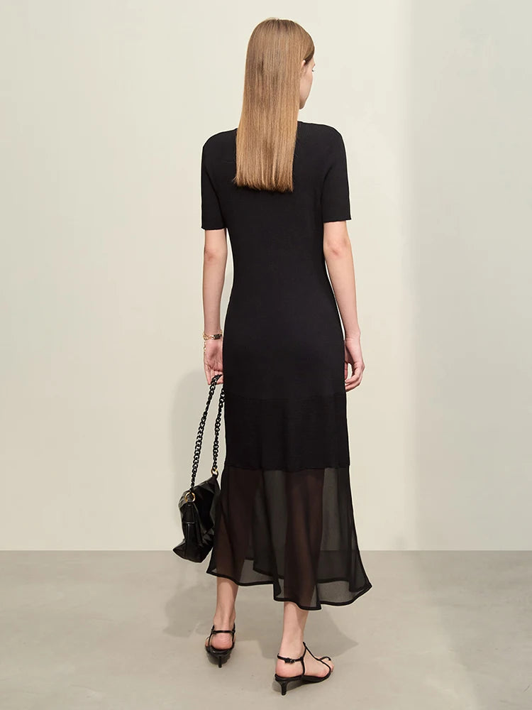 Amii Minimalism 2024 Women's Knitted Dresses Summer New V-neck Spliced Chiffon Short-sleeve Female Slim Fishtail Dress 12442152