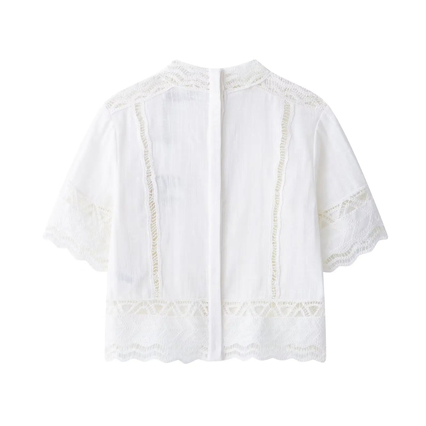 TRAFZA Women Fashion O-Neck Crocheting Details White Skirt Suit Short-sleeve Blouse+Side Zipper White Pleated Midi Se Long Skirt
