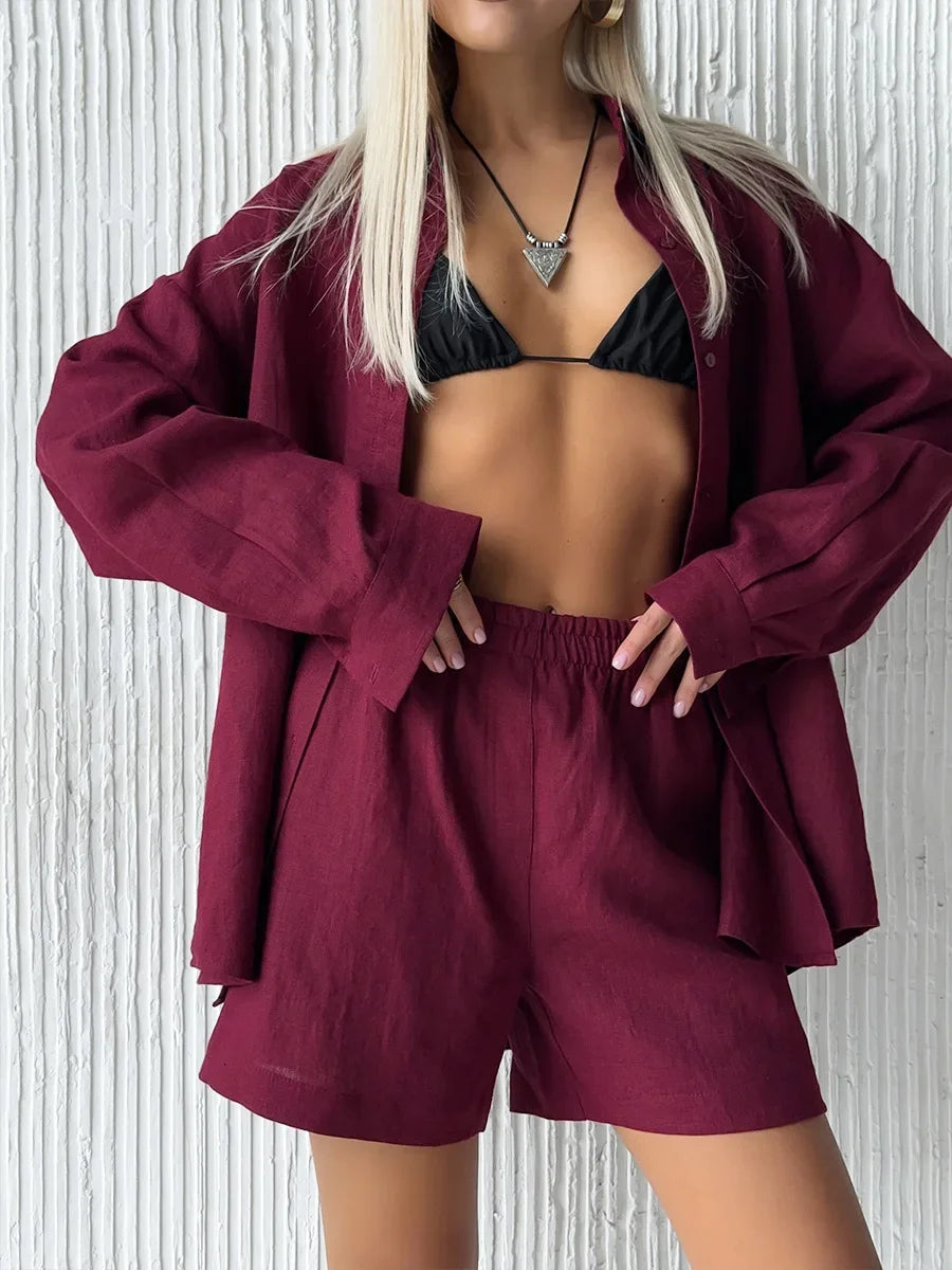 Wolfeel Women's Casual Shorts Sets 100% Cotton Solid Color Cozy Lapel Long Sleeve Shirt Summer New Elastic Waist Shorts Suits