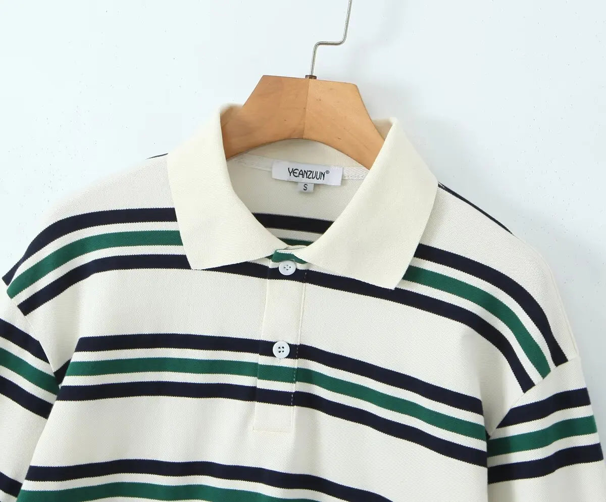Summer 2025 Polo Shirts Woman Long Sleeve Tops Women Striped Vintage Clothes Polo Shirts Mujer Streetwear Casual Tops Brown