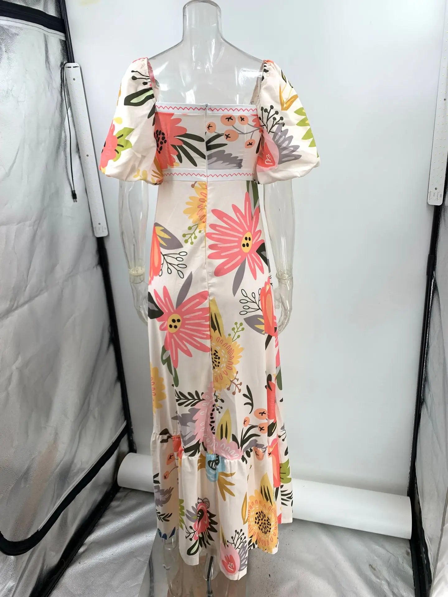 Fashion Square Collar Printed Long Dress Women Elegant Casual Short Puff Sleeved Dresses 2024 Summer Chic Female Vacation Robes