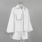 Bornladies 100% Cotton Casual Fashion Long Sleeve Set Summer Women's Pocket Black White Chic Shirt Shorts Loose Two-piece Set