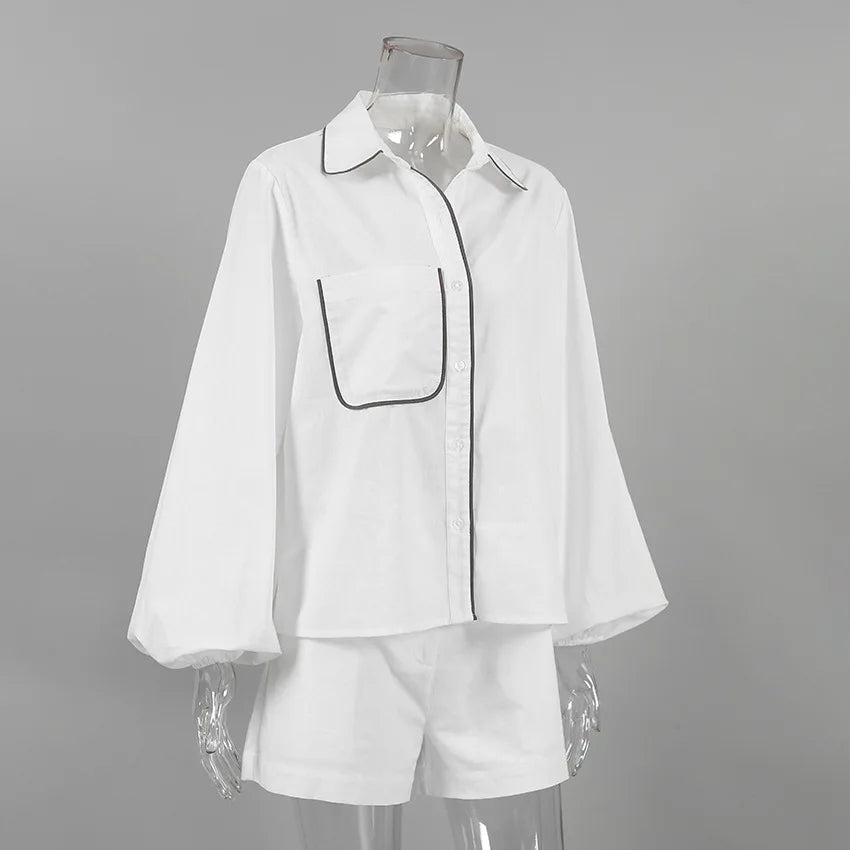 Bornladies 100% Cotton Casual Fashion Long Sleeve Set Summer Women's Pocket Black White Chic Shirt Shorts Loose Two-piece Set