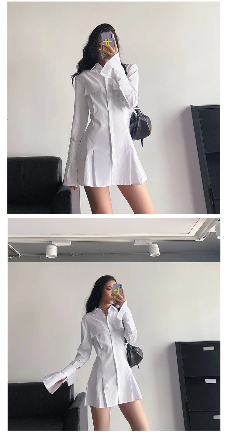 HOUZHOU Black Shirt Dress Women Elegant Vintage Long Sleeve Dresses Sexy Gothic Pleated Streetwear Turn-down Collar Casual Robe