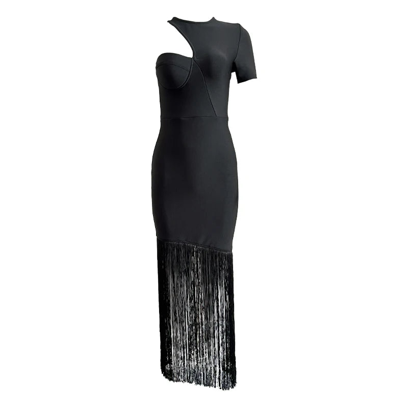 Wholesale Women's Black White Short Sleeve Tassel Tight Sexy Evening Celebrity Cocktail Party Bandag Long Dress