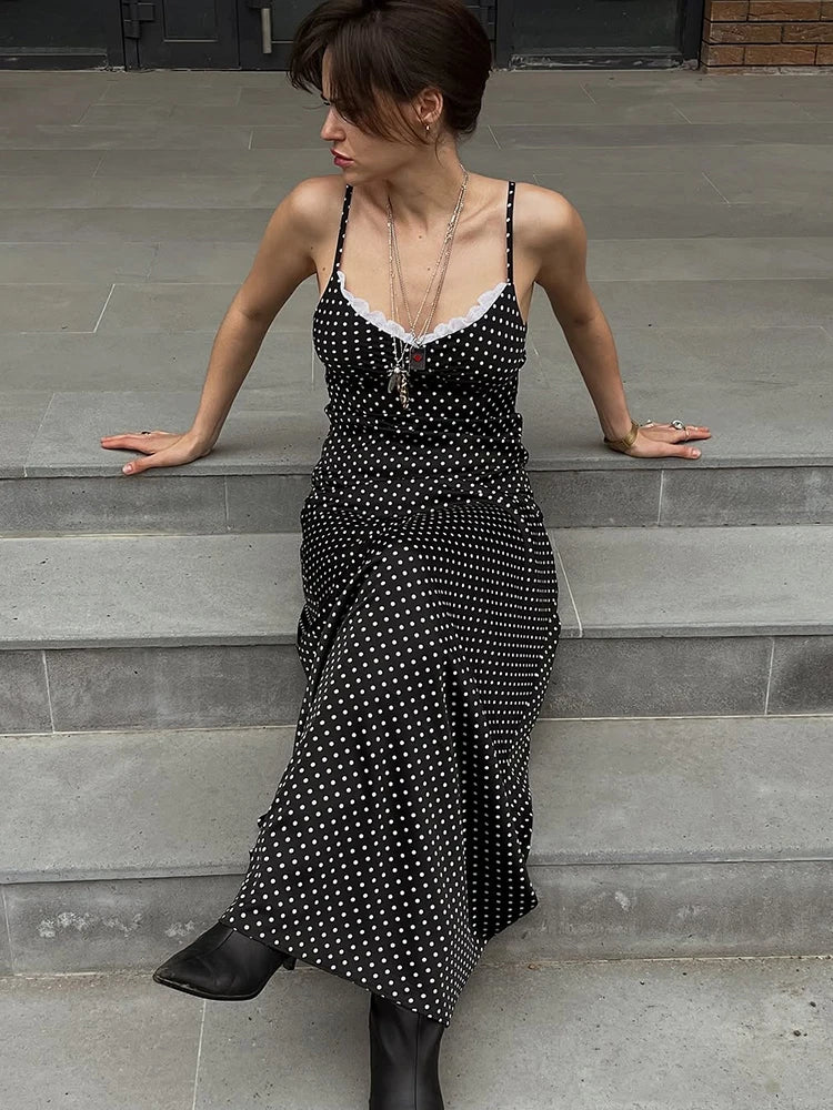 Talenza Black Lace Long Dress Women Fashion Polka Dot Printed Sleeveless Halter Dress Summer Sexy High Waist Party Evening Dress