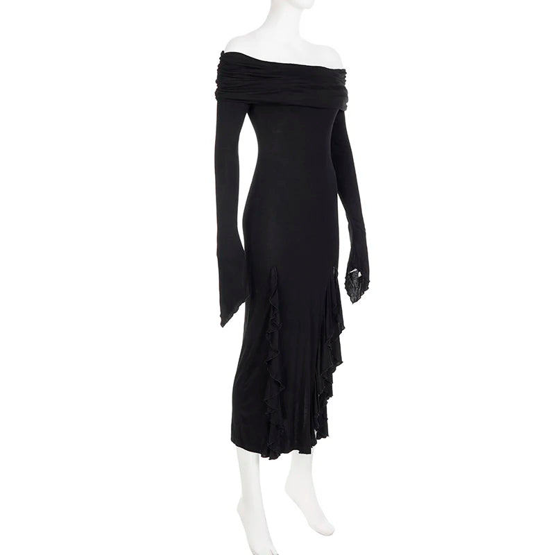 IAMSURE Elegant Fashion Dark Ruffles Split Long Dress Gothic Slash Neck Long Sleeve Maxi Dresses For Women 2023 Holiday Beach