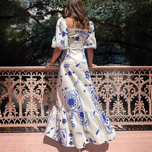Fashion Square Collar Printed Long Dress Women Elegant Casual Short Puff Sleeved Dresses 2024 Summer Chic Female Vacation Robes