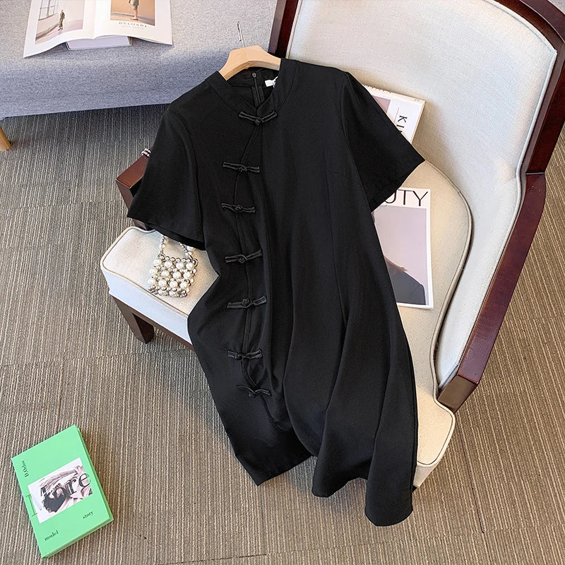 Plus size women's summer casual dress Chinese style modified cheongsam tray buckle decoration slit hem black polyester fabric