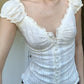 2024 New White Lace Tied Square Neck Summer T-shirts Chic Elegant Short Sleeve Tee Cotton Y2K Street Casual Bow Tie-up Top Women
