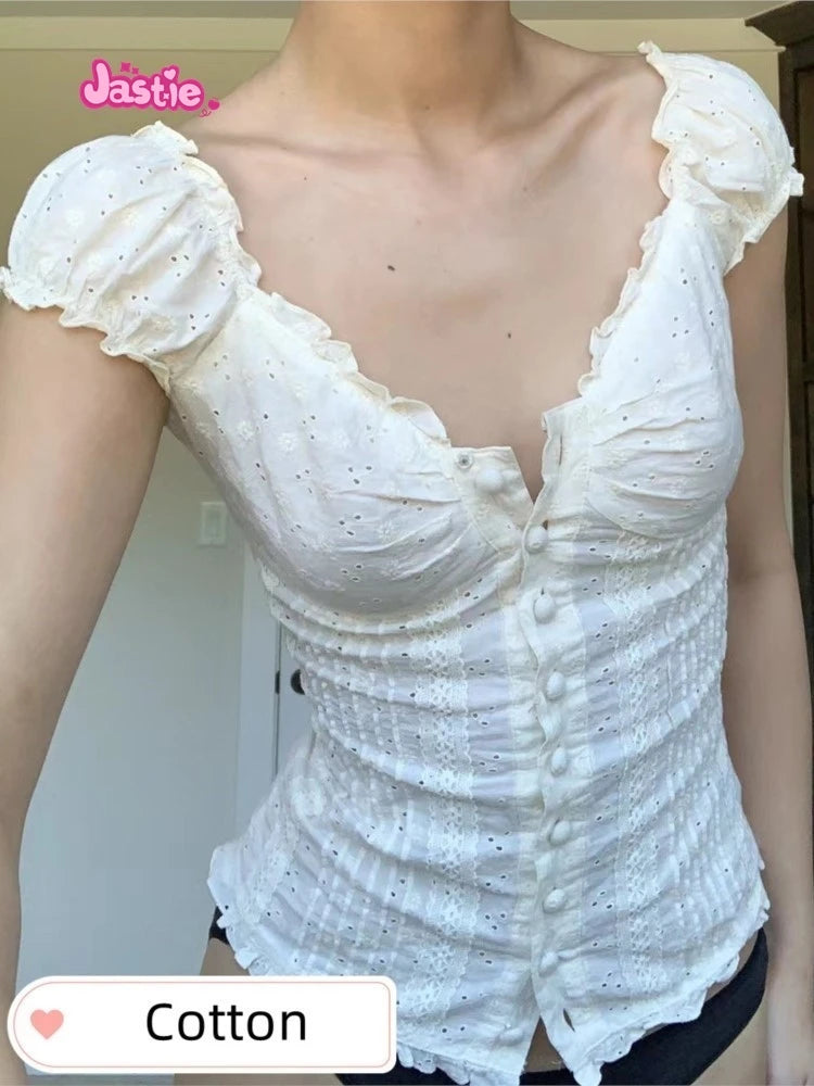 2024 New White Lace Tied Square Neck Summer T-shirts Chic Elegant Short Sleeve Tee Cotton Y2K Street Casual Bow Tie-up Top Women
