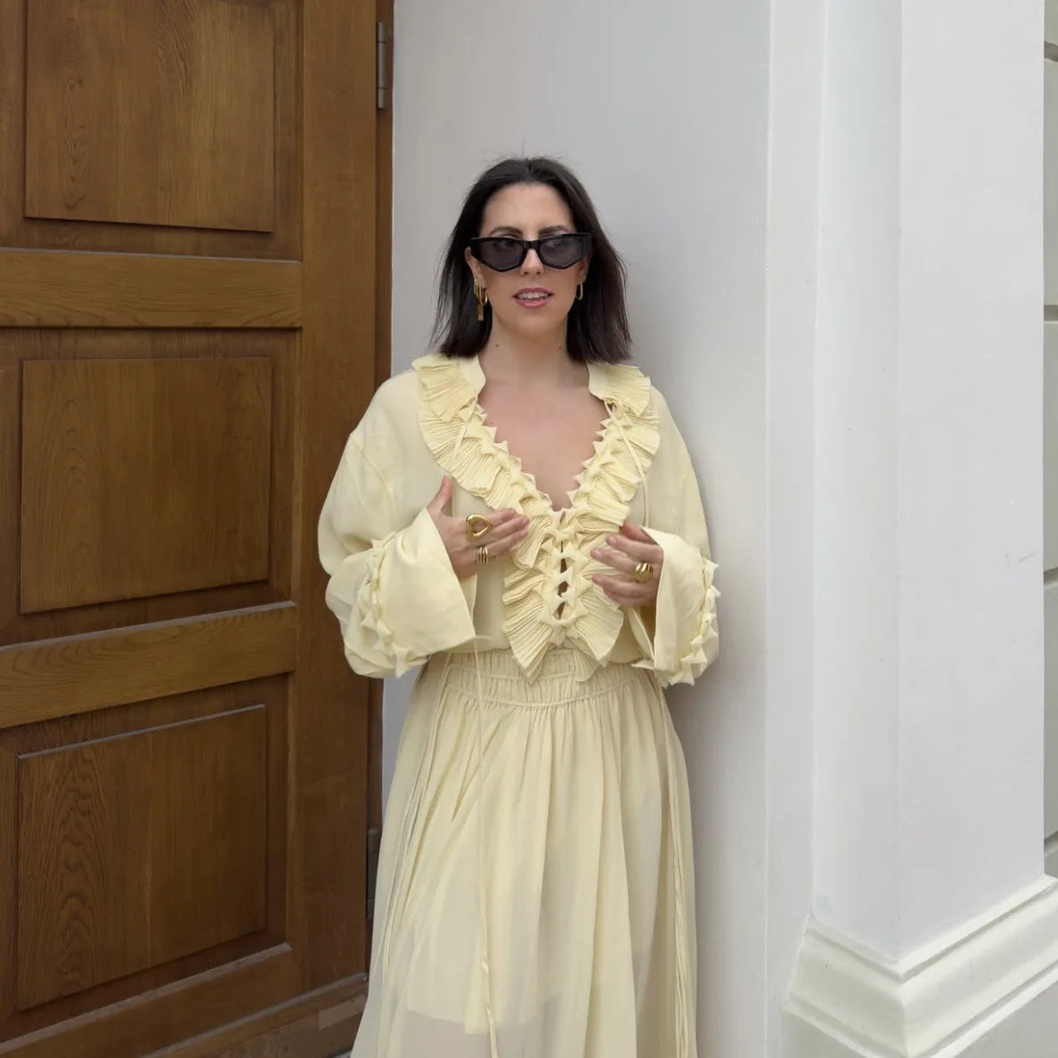 Talenza Casual Chiffon Shirt Women Fashion Pleated Lace-up Solid Lace Top Summer Vacation Loose Vintage Elegant  Female Blouses