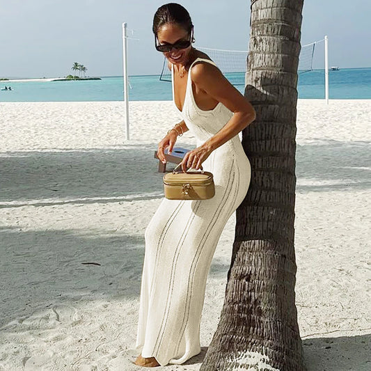 Hawthaw Women 2024 Summer Autumn Knitted V Neck Party Club Beach Vacation Bodycon Long Dress Wholesale Items For Business