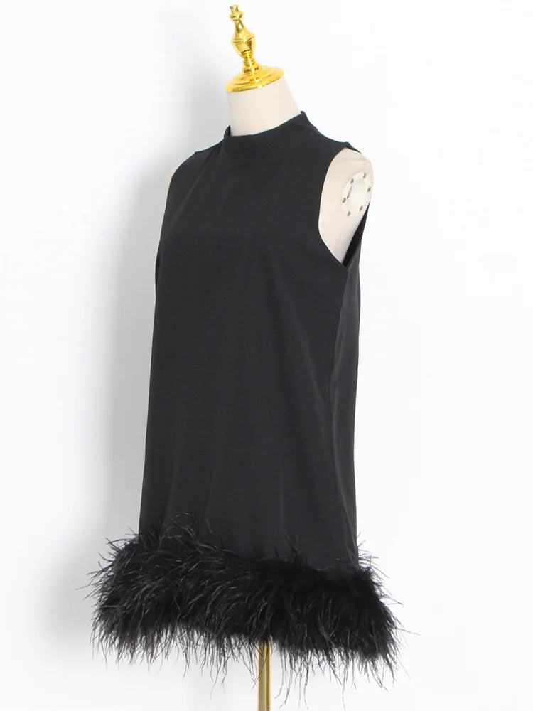 TWOTWINSTYLE Feather Fur Dress For Women O Neck Sleeveless Loose Tassel A Line Dresses Female Streetwear 2022 Summer Fashion New