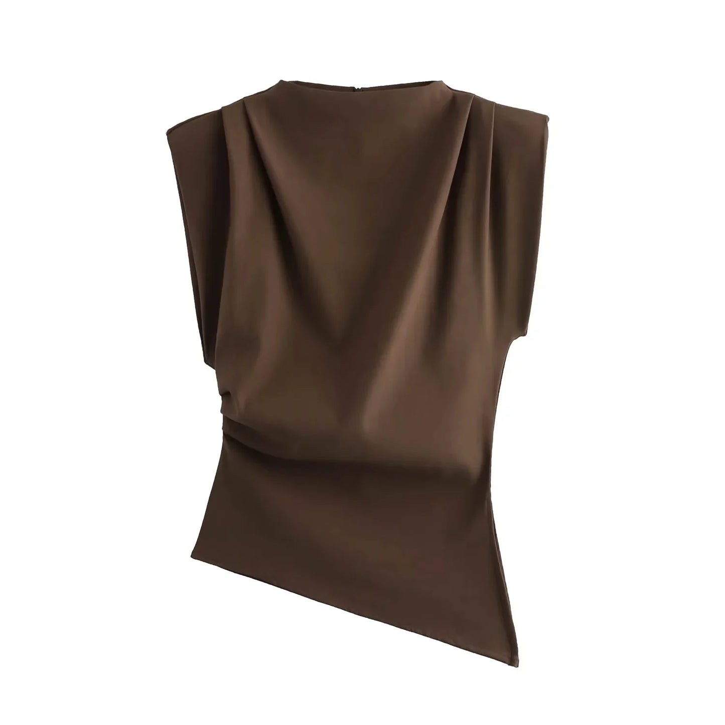 TRAFZA Vintage Chic Women Solid Asymmetric O-Neck Zipper Sleeveless Cross Folds Top Fashion 2025 Streetwear Padded Shoulder Top
