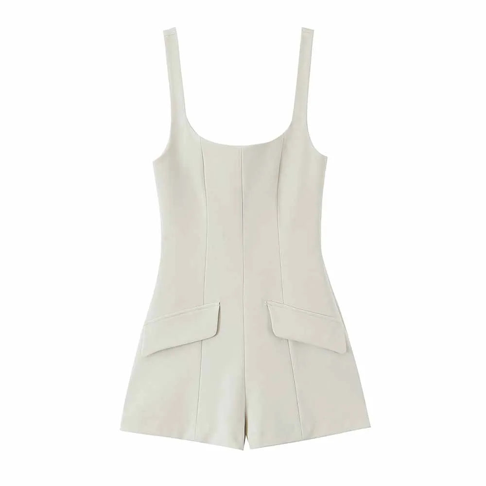 Women's new chic fashion flip decoration casual versatile suspender jumpsuit retro sleeveless backless women's short jumpsuit