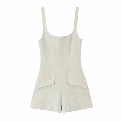 Women's new chic fashion flip decoration casual versatile suspender jumpsuit retro sleeveless backless women's short jumpsuit
