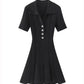 Summer New Women's Turn Down Collar Short Sleeve Knitted Mini Dress Slim Fit A-line Diamond Buttons White Short Dress  C-050