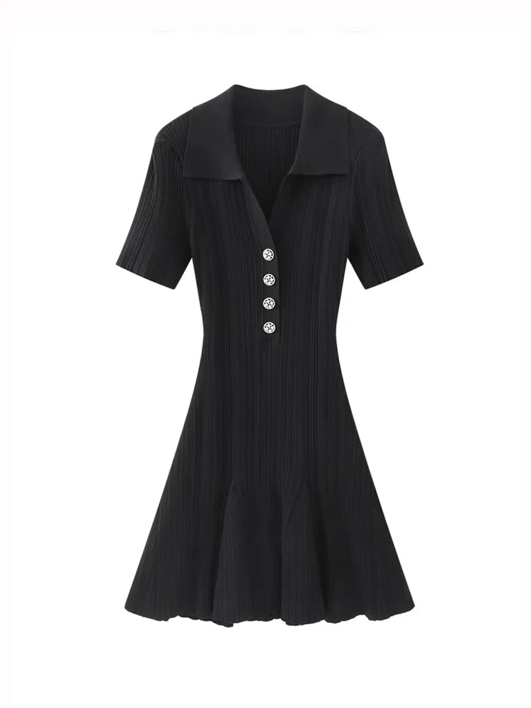 Summer New Women's Turn Down Collar Short Sleeve Knitted Mini Dress Slim Fit A-line Diamond Buttons White Short Dress  C-050