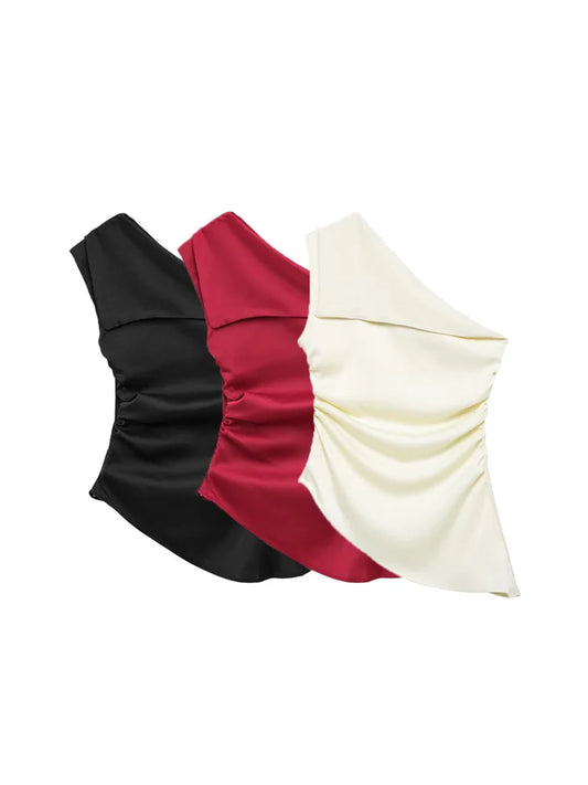 TRZA Women's Asymmetric Draped Blouse One Shoulder Side Zipper Chic Fashion Top Female Shirt