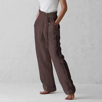 Women Solid Color Elastic Binding Foot Casual Pocket Pants Summer 2024 Elegant Lady Cotton Line High Wasit Women Pants