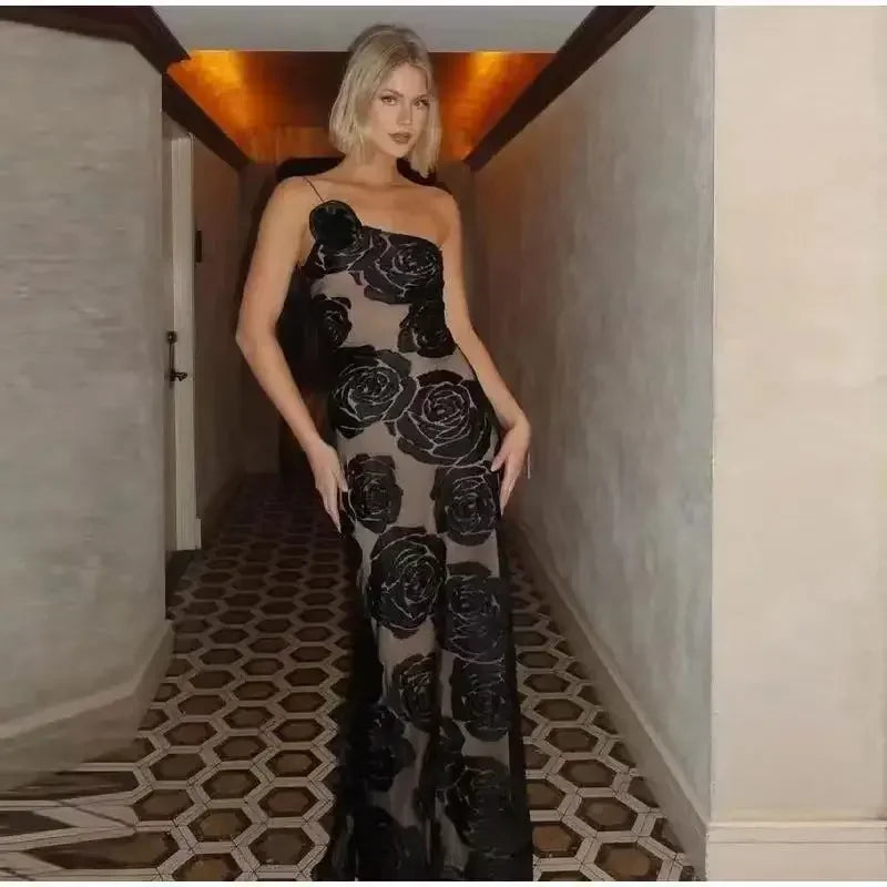 Mingmingxi Black Mesh Birthday Dress for Women 2024 One Shoulder Sexy Long Dress Slim Elegant Flower Wedding Guest Party Dresses