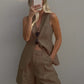 Wolfeel Cotton linen Chic Casual Vest Shorts Set Women's Fashion Commuter Sleeveless Tank Top Loose Shorts Suits Summer New