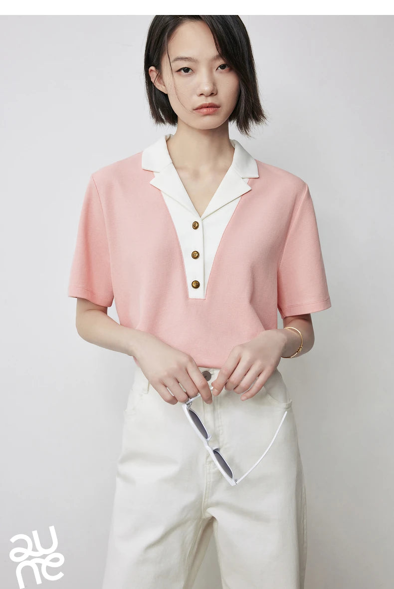 TOYOUTH Women Contrasting Colors POLO Collar T-shirt 2025 Summer New Short Sleeved Top