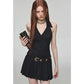 Summer Women Fashion Mini Halter Party Pleated Dress A-line Backless Black Striped V Neck Frocks Sexy Gyaru Y2k Streetwear Prom