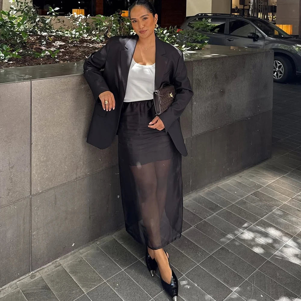 Tuularose Black Mesh Skirt Women's Sexy Perspective High Waist Slit Hip Cover Skirt Summer Fashion Casual Office Lady Skirt 2025