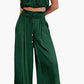 Women's Two Piece Pants Sets Open Navel Outfit Silk Pleated Texture Sleeveless Top Wide Leg Pants Set Summer Matching Sets 2024