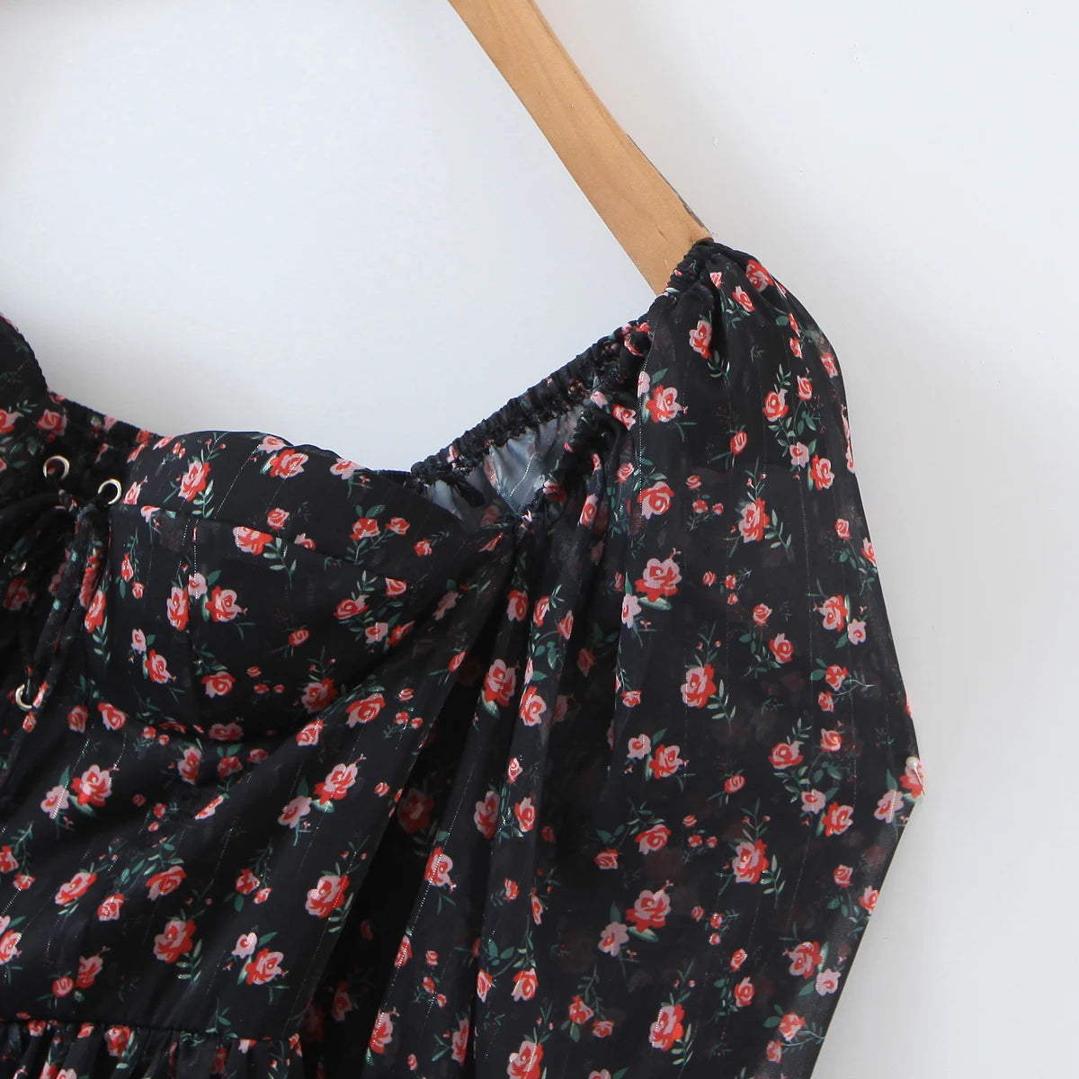 2022 Women Sexy Cross Bandage Black Flower Print Puff Long Sleeve Dress 3 layer Wood Ears Ruffles Hem Cake Mini Holiday Robe